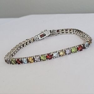 Vintage Boho Sterling Silver Multi Coloured Crystal Rhinestone Tennis Bracelet